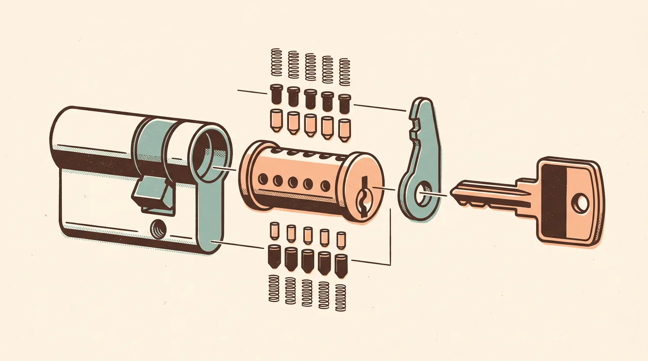 Illustration rétro d'un cylindre européen éclaté : corps, rotor, goupilles et clé
