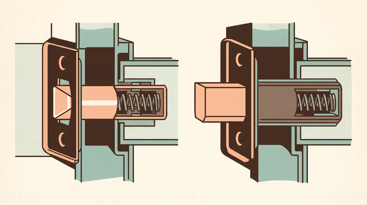 Illustration rétro comparant une porte claquée et une porte fermée à clé, vues en coupe
