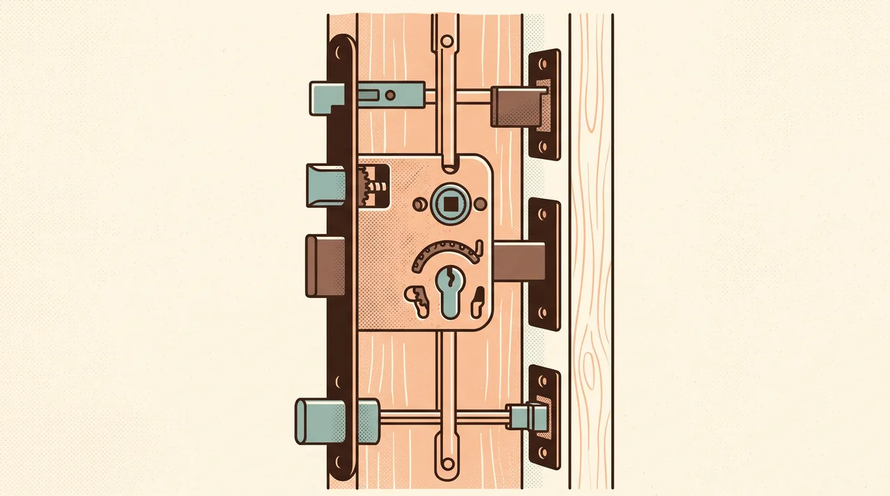 Illustration rétro d'une serrure multipoints : boîtier, tringles et points de fermeture