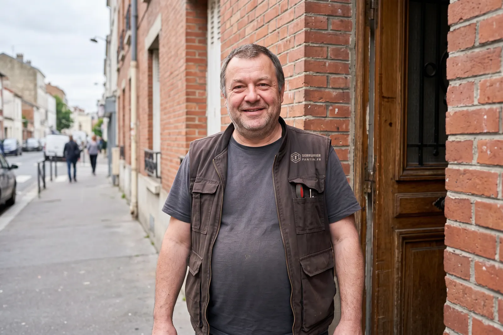 Votre serrurier à Pantin devant une porte d'immeuble, gilet de travail marqué Serrurier Pantin